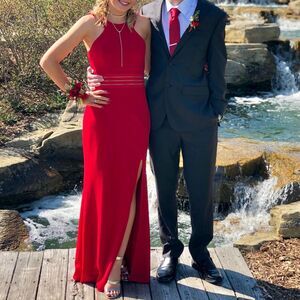 City Triangles Floor-Length Red Prom Dress with Illusion Mesh and Front Slit